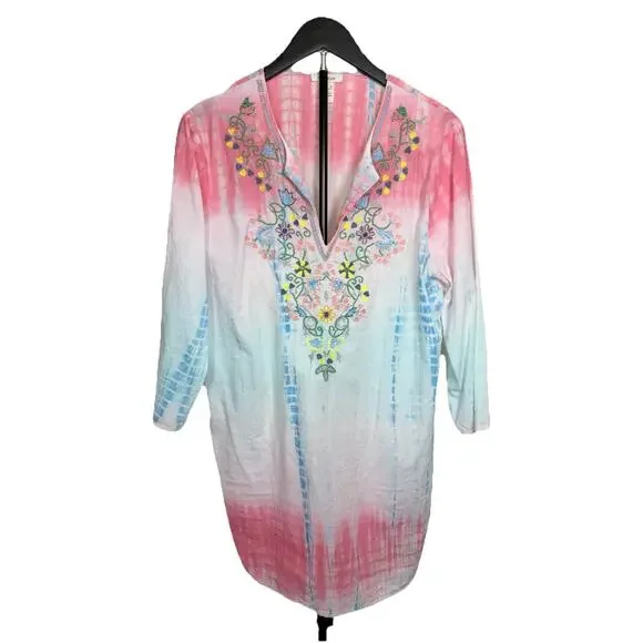 SUNDANCE Tunic Women’s Sz L Dreaming In Color Beaded Tie Dyed Coverup Flaws - Picture 2 of 12